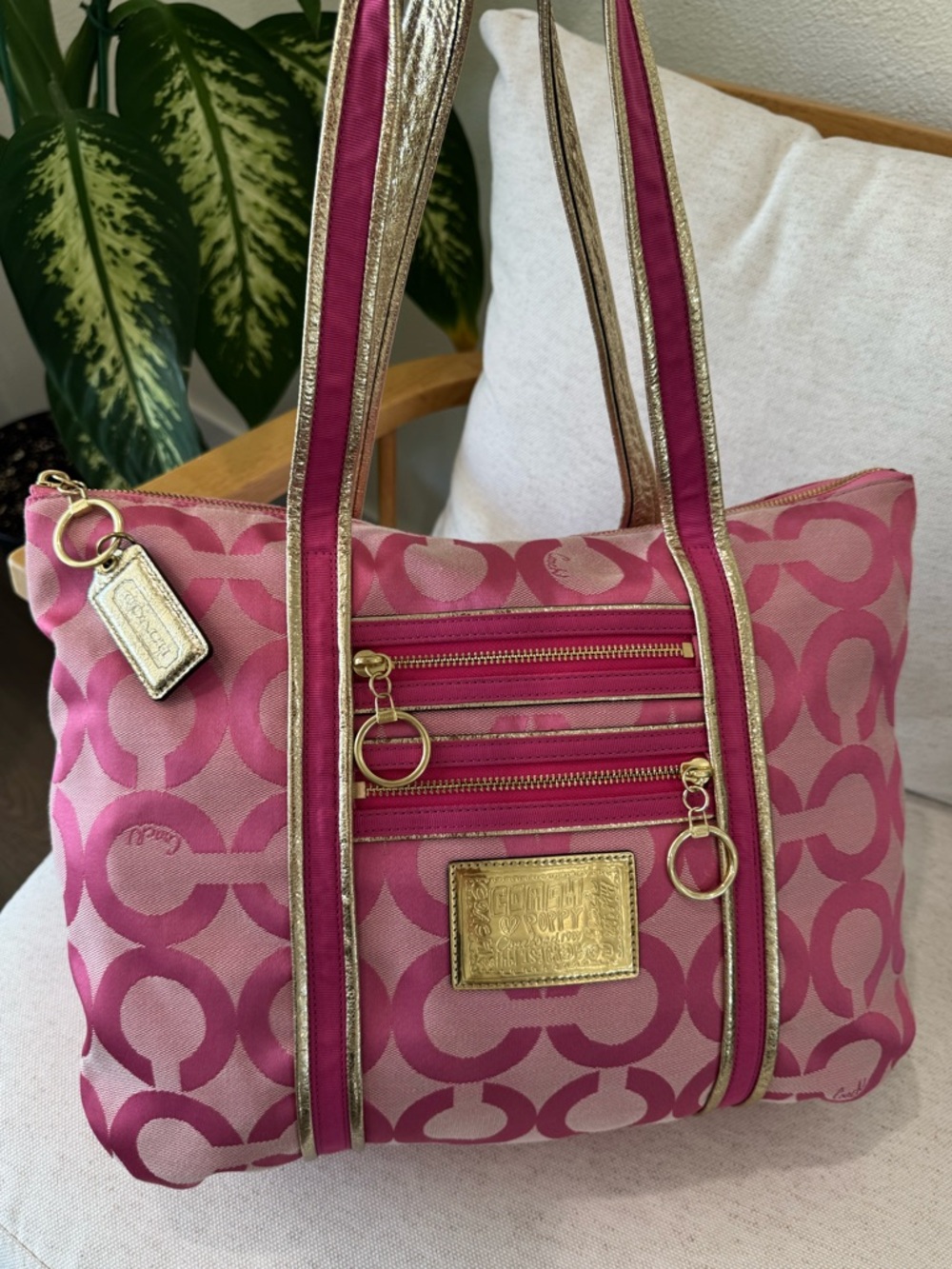 Y2K Coach Poppy Op Art Pink Signature Jacquard Tote Shoulder Bag Purse #13826 - Picture 4 of 17